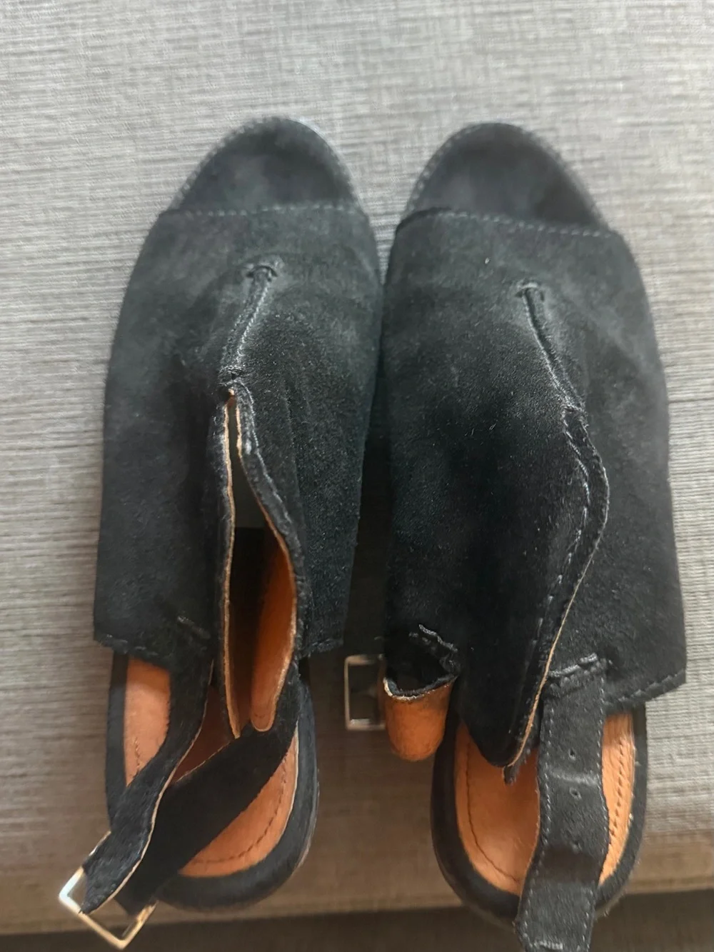 Frye Black Suede Open-Toe Slingback Sandals. Leather lined